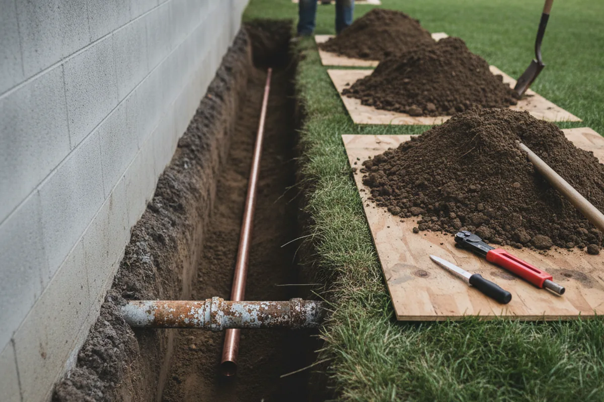 Excavated water line trench during Water Softener Installation in Lakehurst